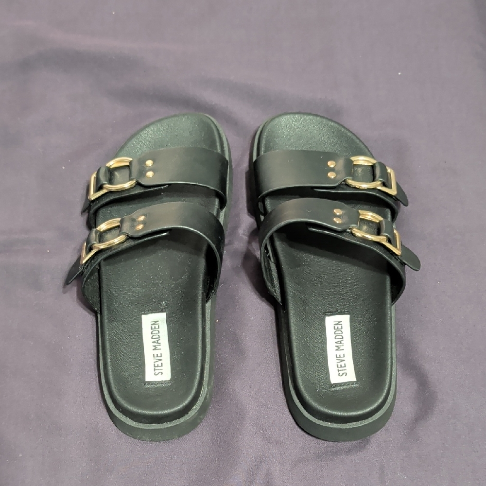 Steve Madden Women’s Black Double Buckle Slide Sandals